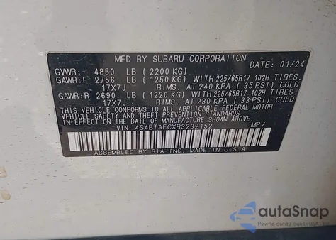 2024 Subaru Outback Premium from USA, damaged, VIN 4S4BTAFCXR3232152